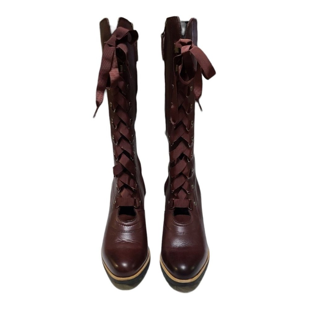 Elegant Burgundy/Brown Lace-Up Wedge Boots - Picture 7 of 12